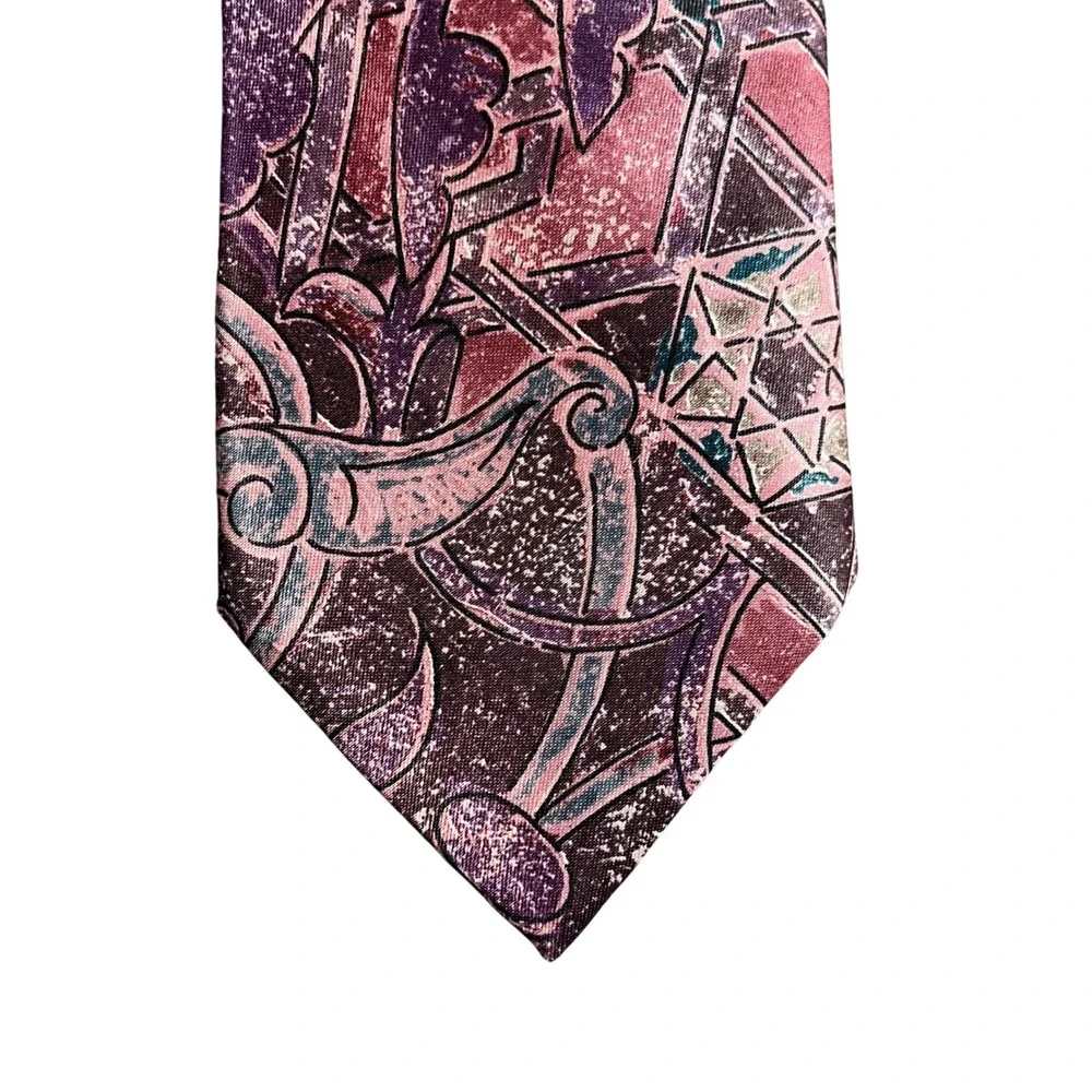 Vintage Mens Abstract Geometric Necktie Purple Mauve Teal Polyester RN 20170